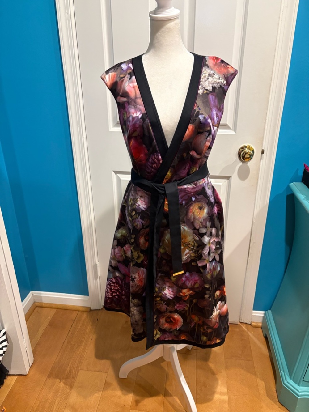 Ted Baker wrap reversible midi fit flare floral dress black sz XS